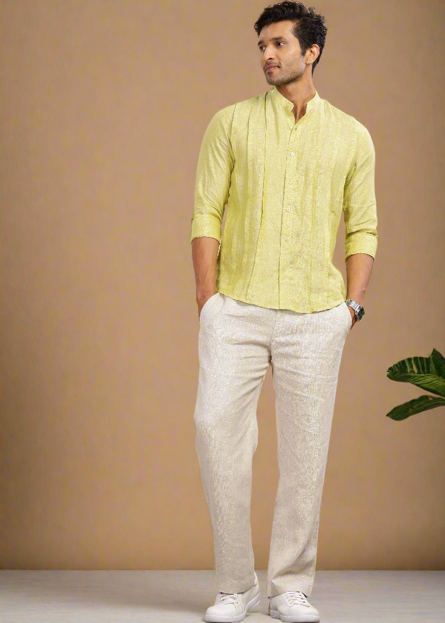 Stark - Pure Linen Full Sleeve Shirt With Band Collar & Space Tuck - Lime Green Chambray