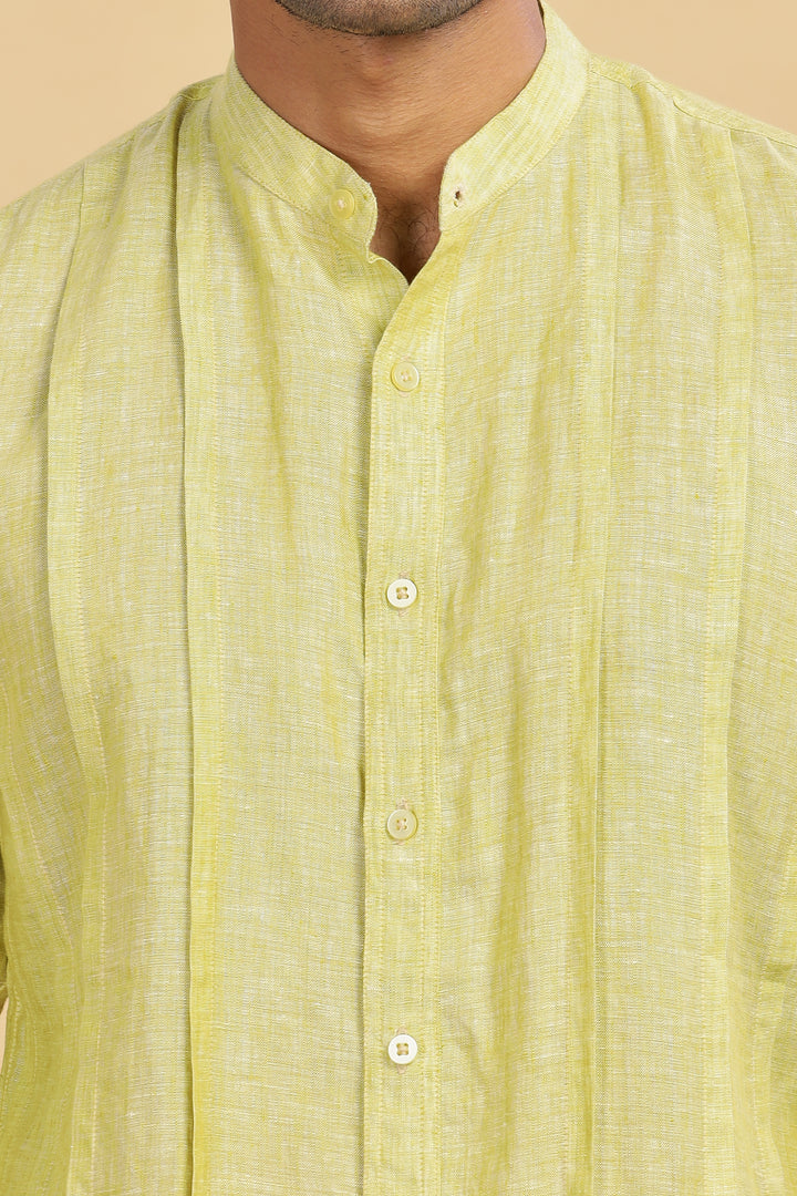 Stark - Pure Linen Full Sleeve Shirt With Band Collar & Space Tuck - Lime Green Chambray