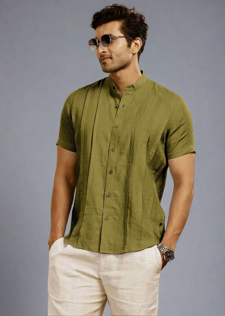 Stark 100% Pure Linen Half Sleeve Shirt in Sap Green with Regular Collar crafted in 60 LEA