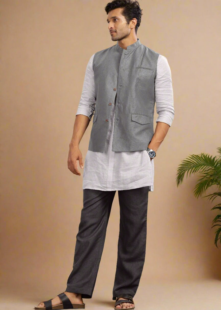 Nehru Pure Linen Jacket | Steel Grey