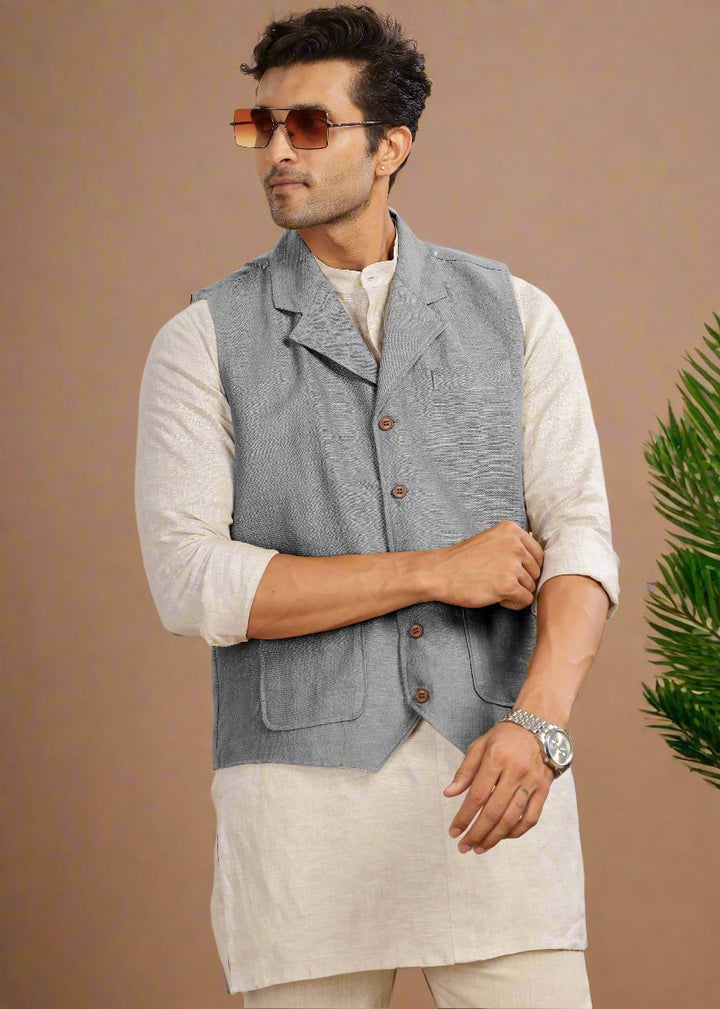 Pure Linen Waist Coat | Steel Grey