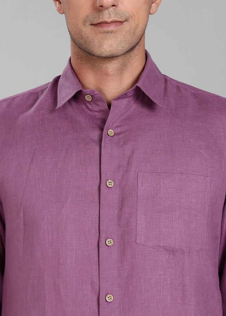 Ted 100% Pure Linen Full Sleeve Shirt in Berry Purple with Point Collar crafted in 60 LEA