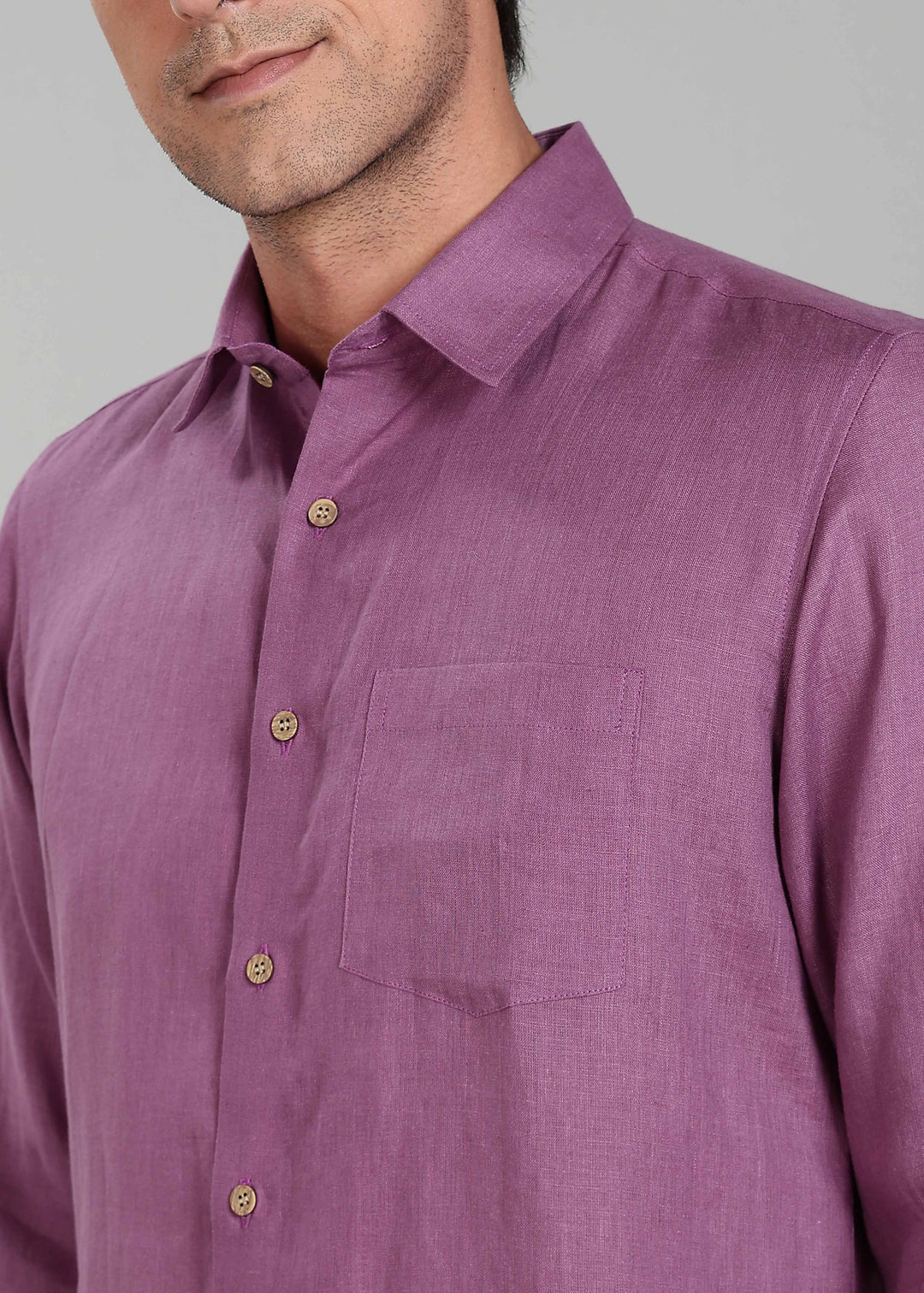 Ted 100% Pure Linen Full Sleeve Shirt in Berry Purple with Point Collar crafted in 60 LEA
