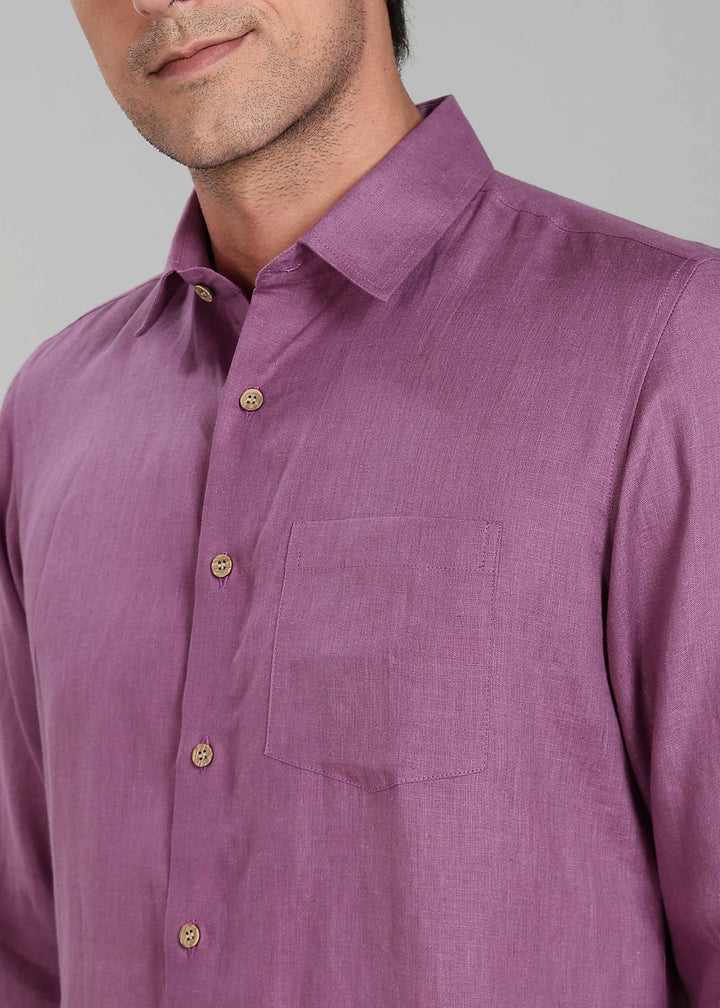 Ted 100% Pure Linen Full Sleeve Shirt in Berry Purple with Point Collar crafted in 60 LEA