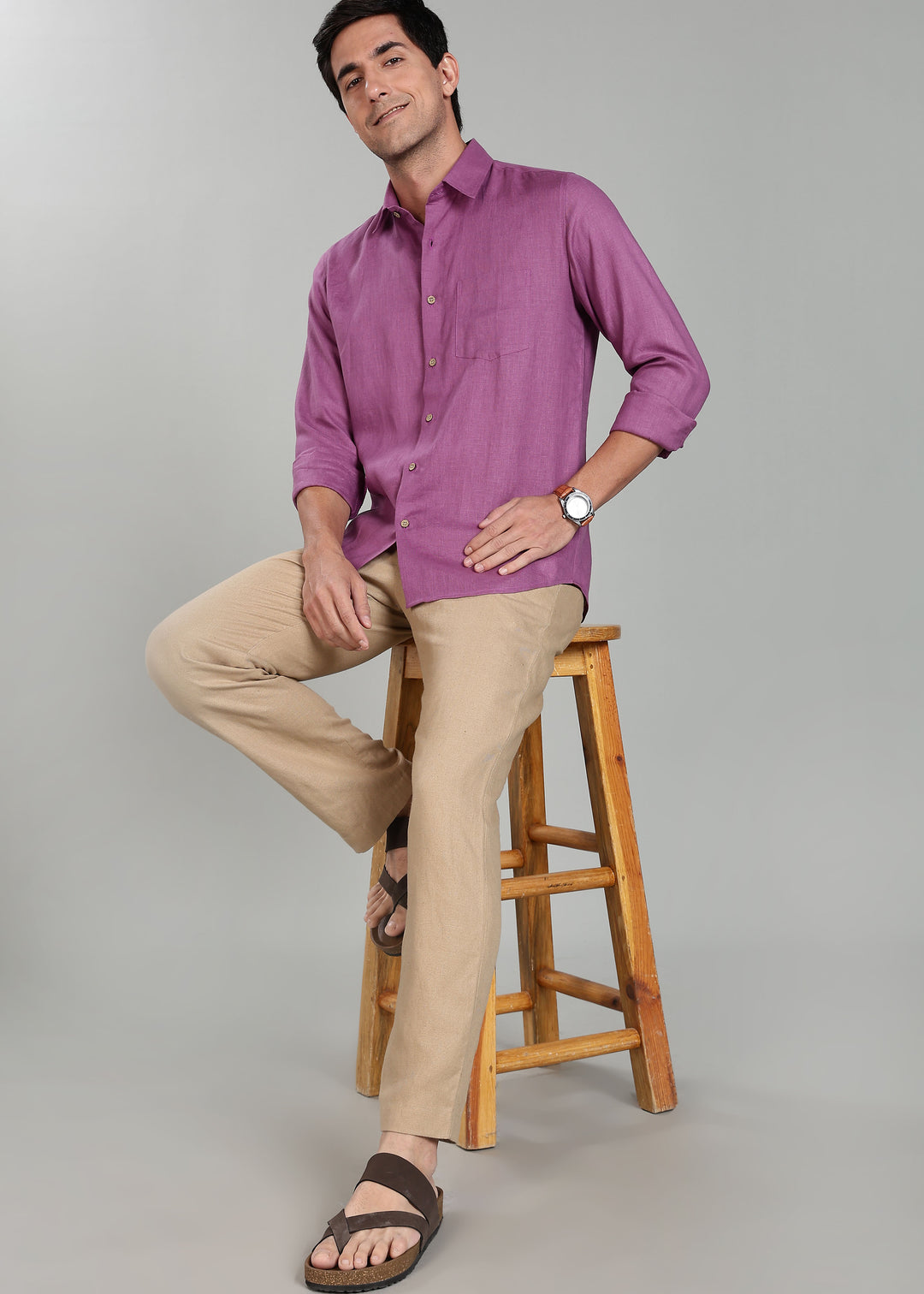 Ted 100% Pure Linen Full Sleeve Shirt in Berry Purple with Point Collar crafted in 60 LEA