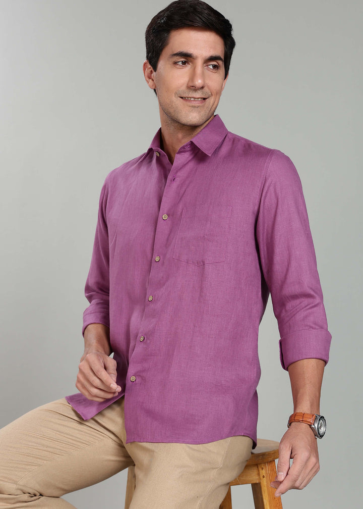 Ted 100% Pure Linen Full Sleeve Shirt in Berry Purple with Point Collar crafted in 60 LEA