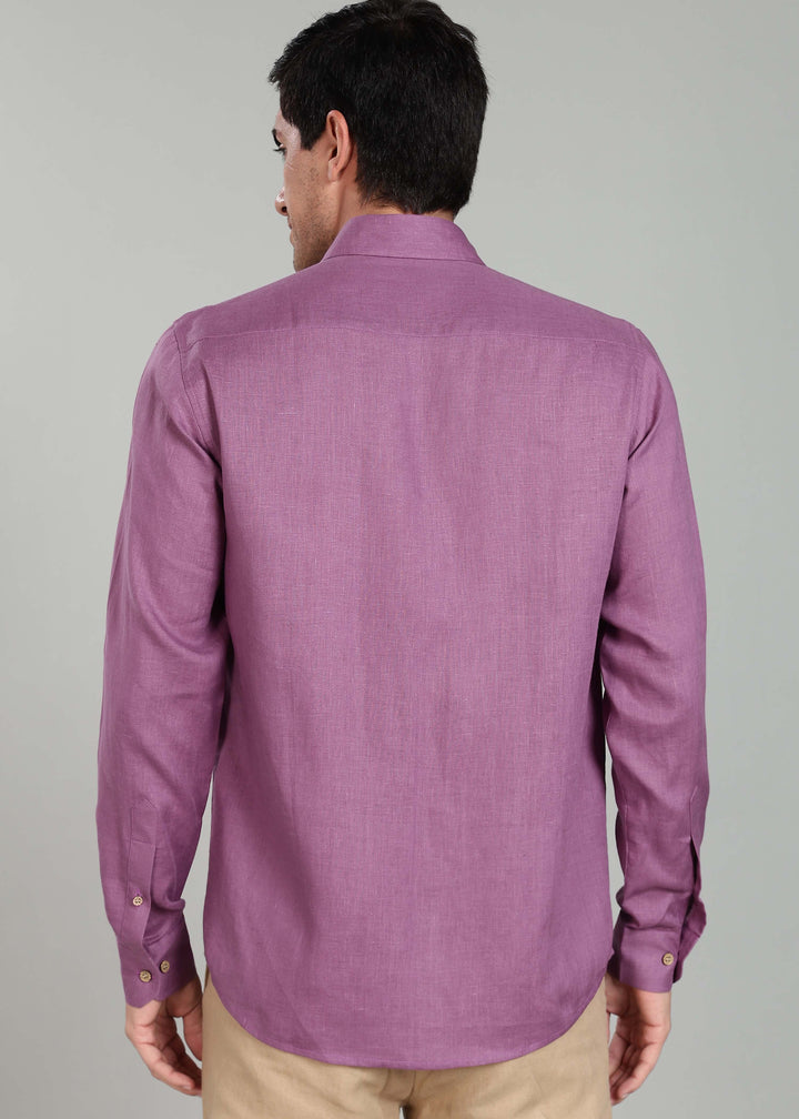 Ted 100% Pure Linen Full Sleeve Shirt in Berry Purple with Point Collar crafted in 60 LEA