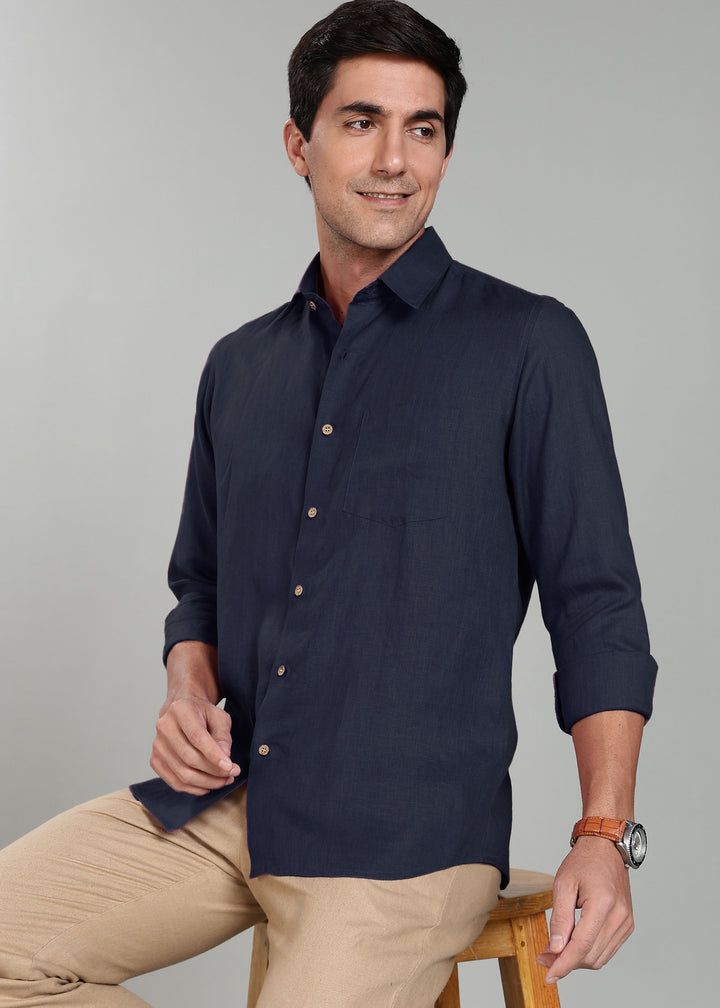 Ted - Pure Linen Full Sleeve Shirt - Dark Blue