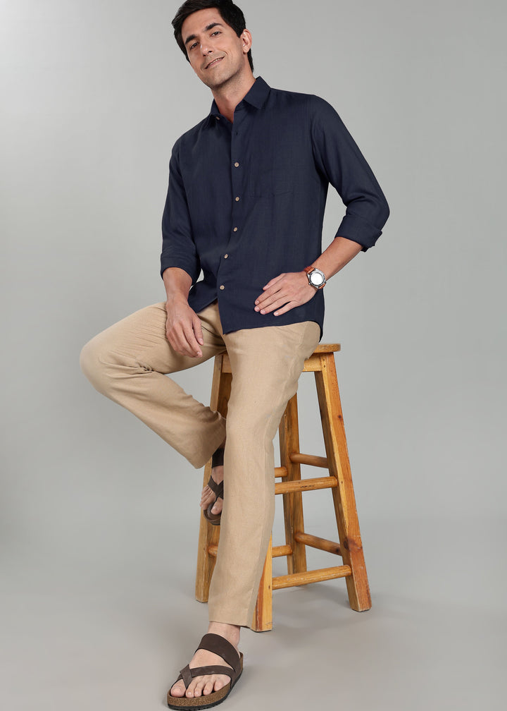 Ted - Pure Linen Full Sleeve Shirt - Dark Blue