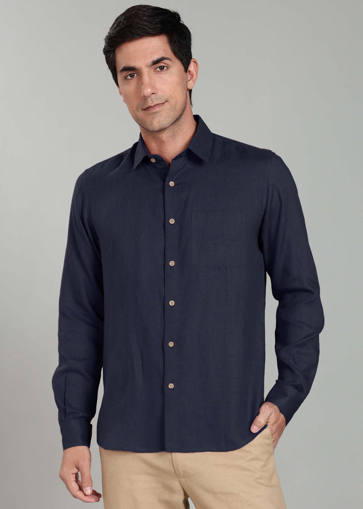 Ted - Pure Linen Full Sleeve Shirt - Dark Blue