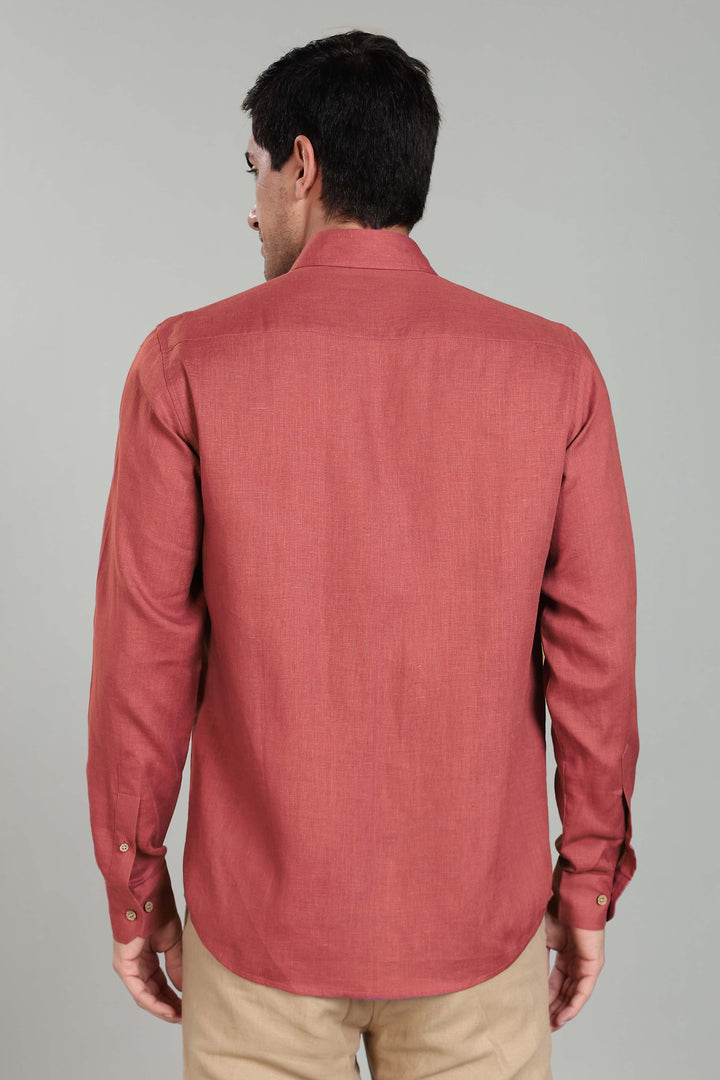Ted - Pure Linen Full Sleeve Shirt - Terracotta Red