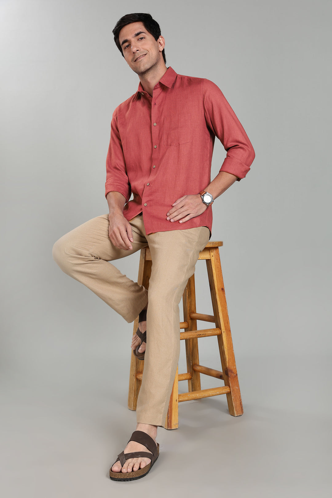 Ted - Pure Linen Full Sleeve Shirt - Terracotta Red
