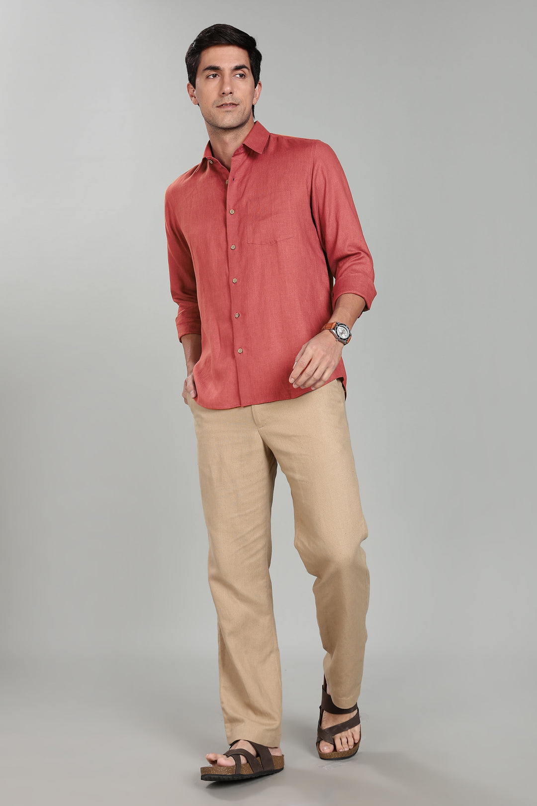 Ted - Pure Linen Full Sleeve Shirt - Terracotta Red