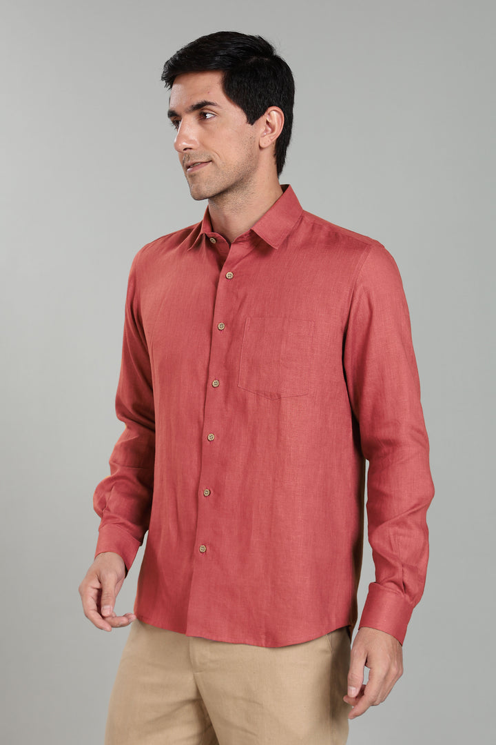 Ted - Pure Linen Full Sleeve Shirt - Terracotta Red