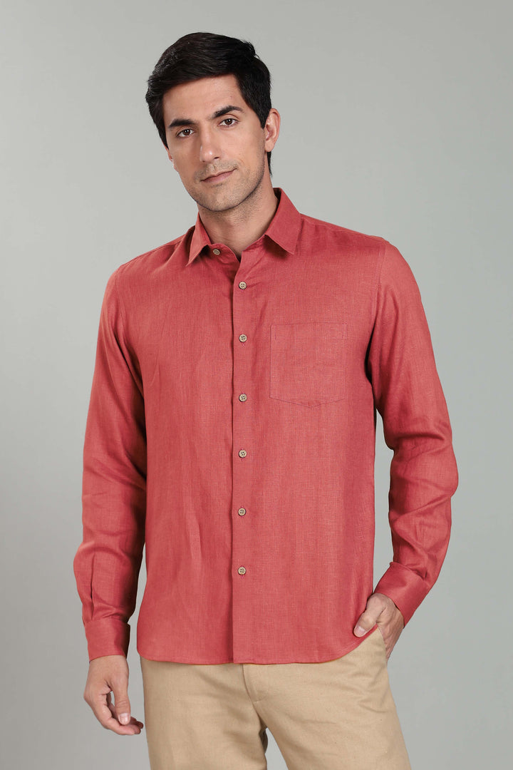 Ted - Pure Linen Full Sleeve Shirt - Terracotta Red