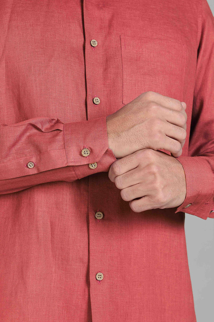 Ted - Pure Linen Full Sleeve Shirt - Terracotta Red
