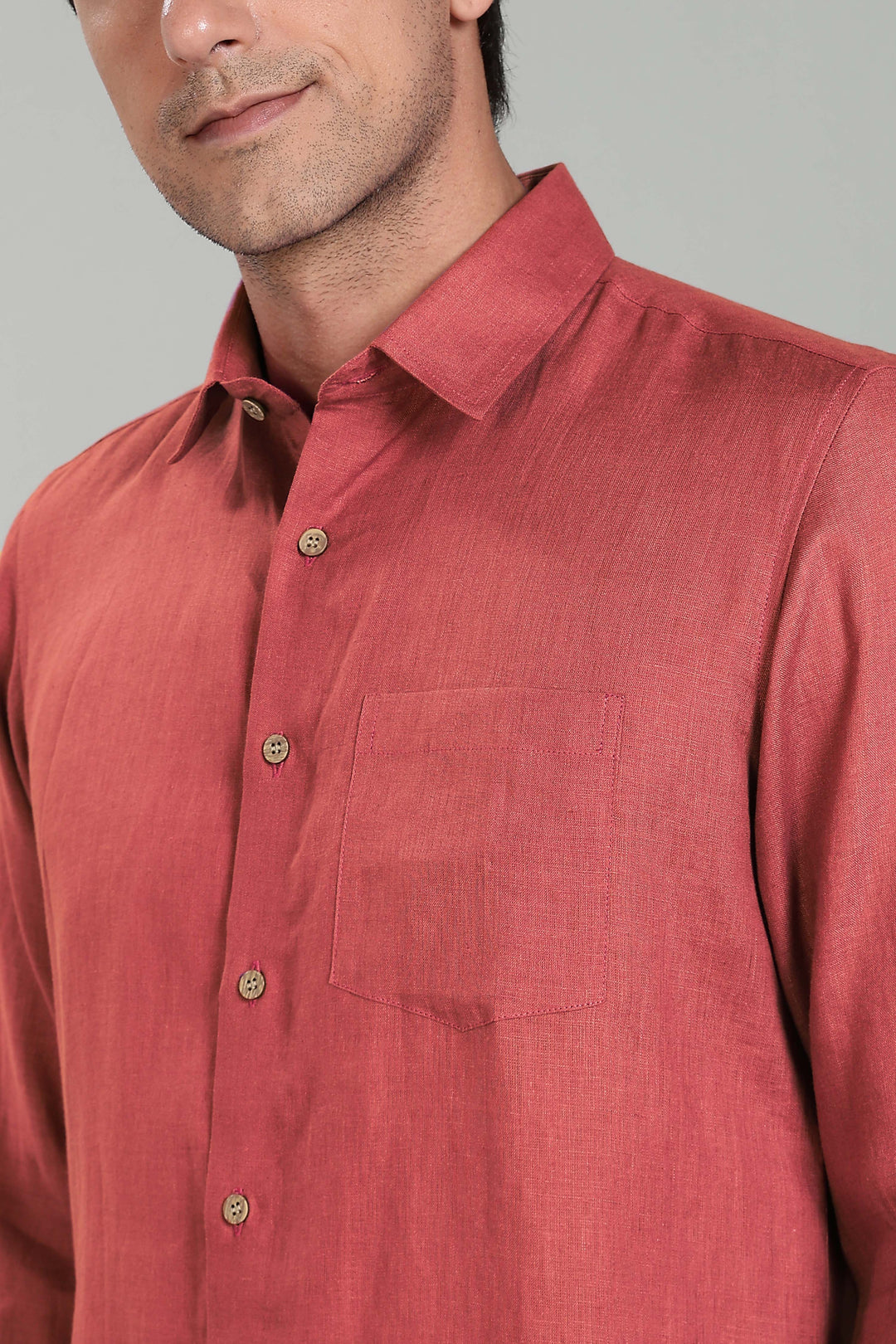 Ted - Pure Linen Full Sleeve Shirt - Terracotta Red