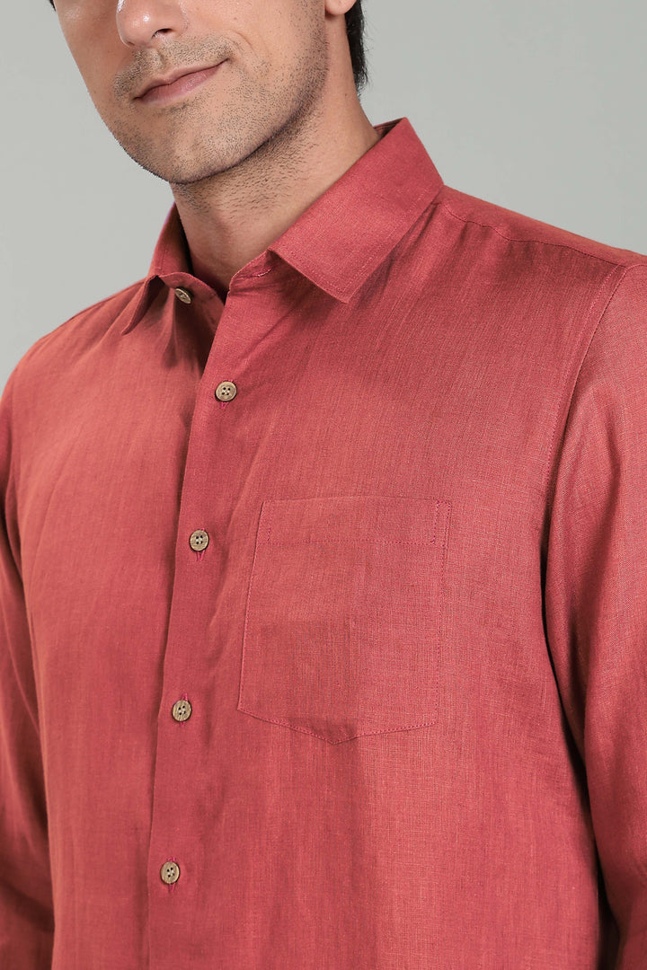 Ted - Pure Linen Full Sleeve Shirt - Terracotta Red