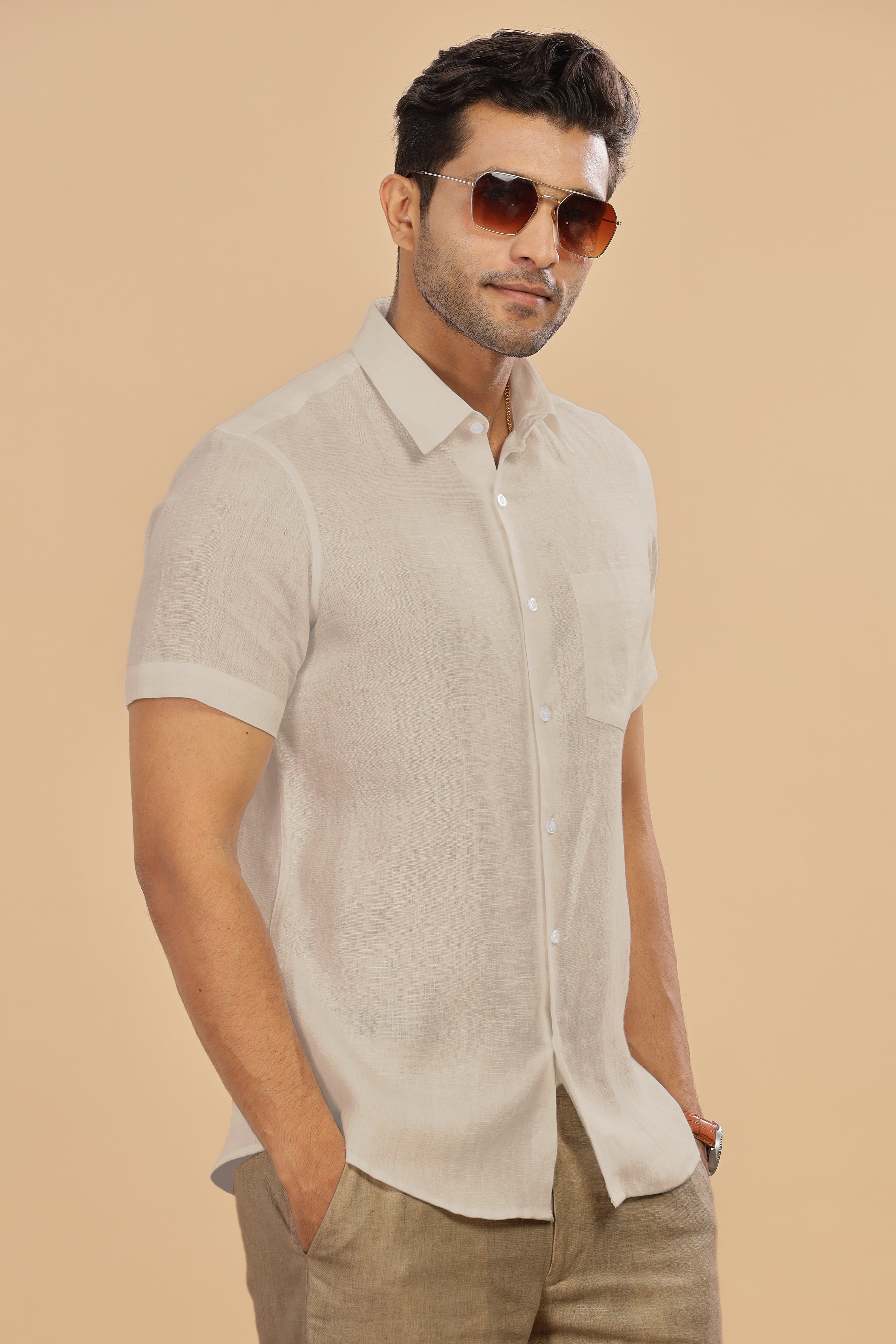 Ecru Pure Linen Half Sleeve Shirt – Linen Trail