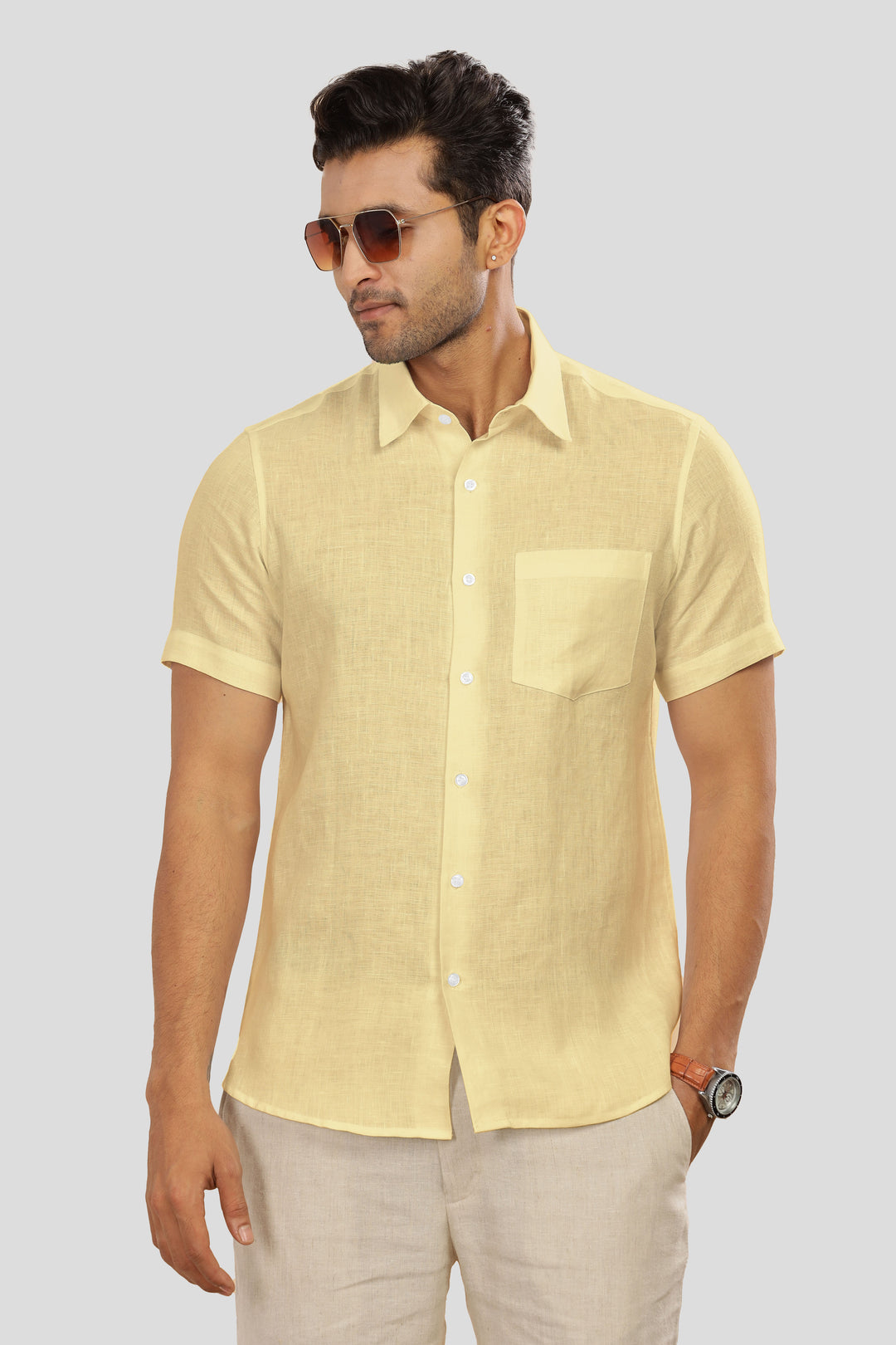 Ted - Pure Linen Half Sleeve Shirt - Light Yellow