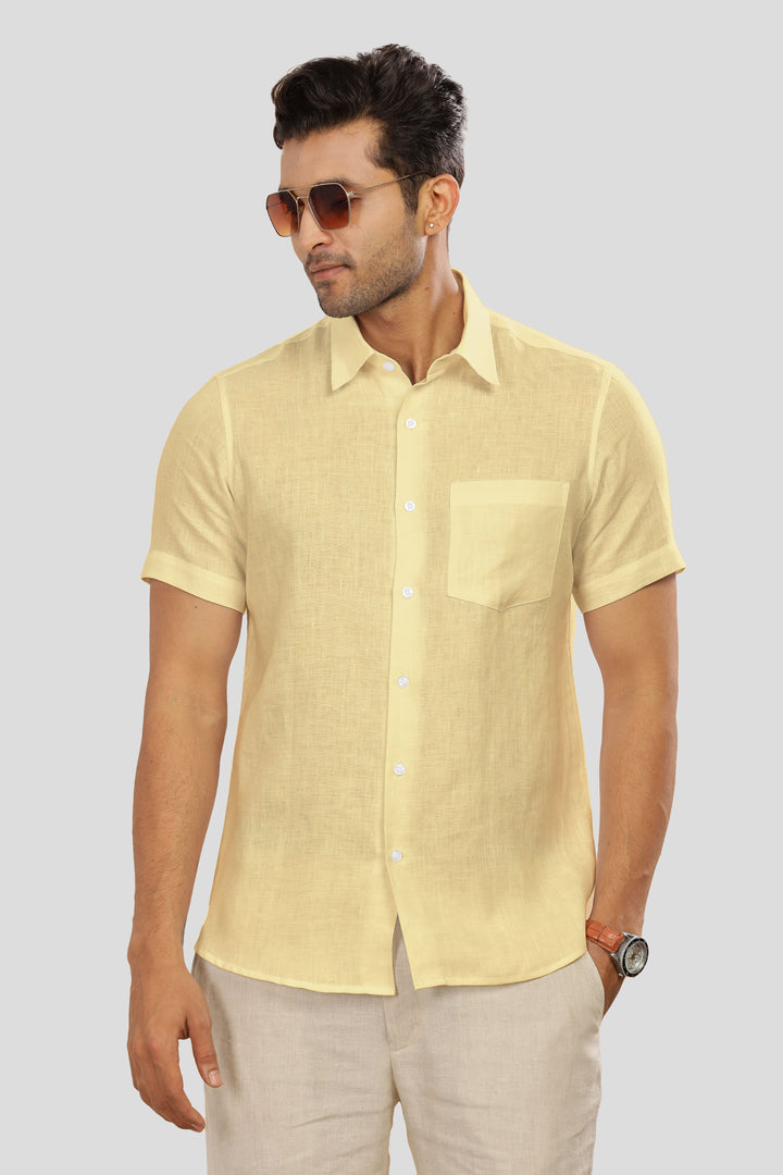 Ted - Pure Linen Half Sleeve Shirt - Light Yellow