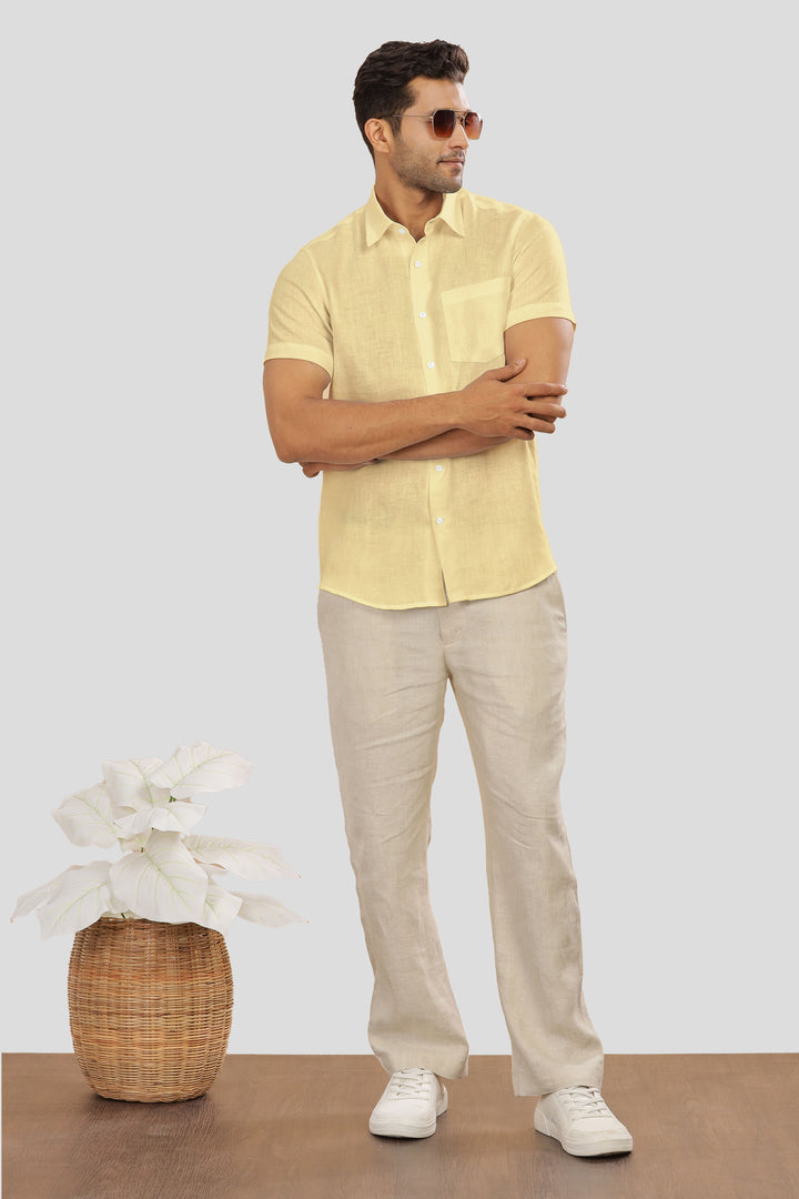 Ted - Pure Linen Half Sleeve Shirt - Light Yellow