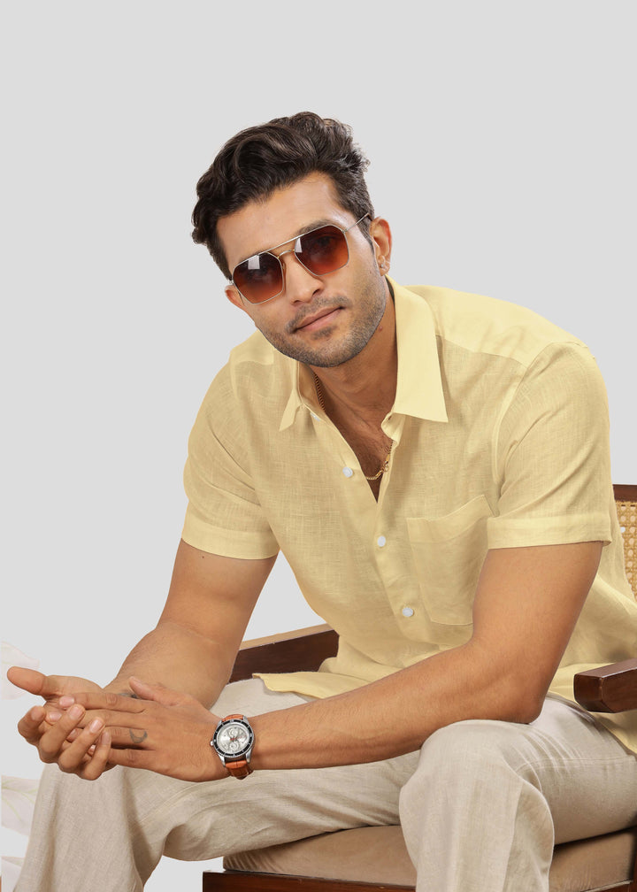 Ted - Pure Linen Half Sleeve Shirt - Light Yellow