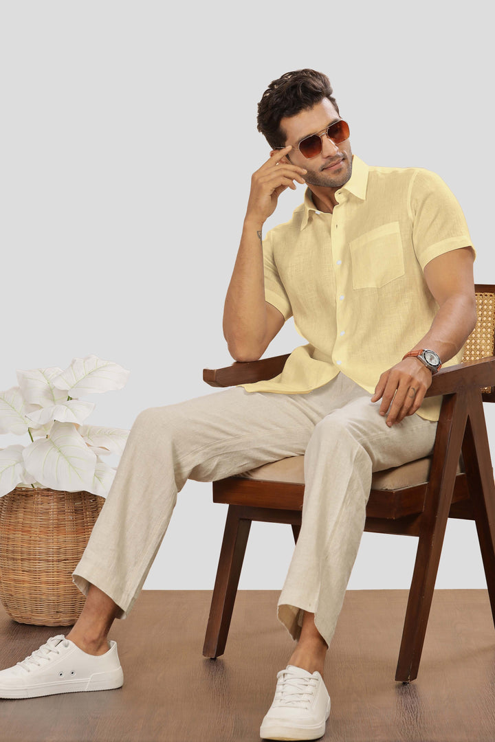 Ted - Pure Linen Half Sleeve Shirt - Light Yellow