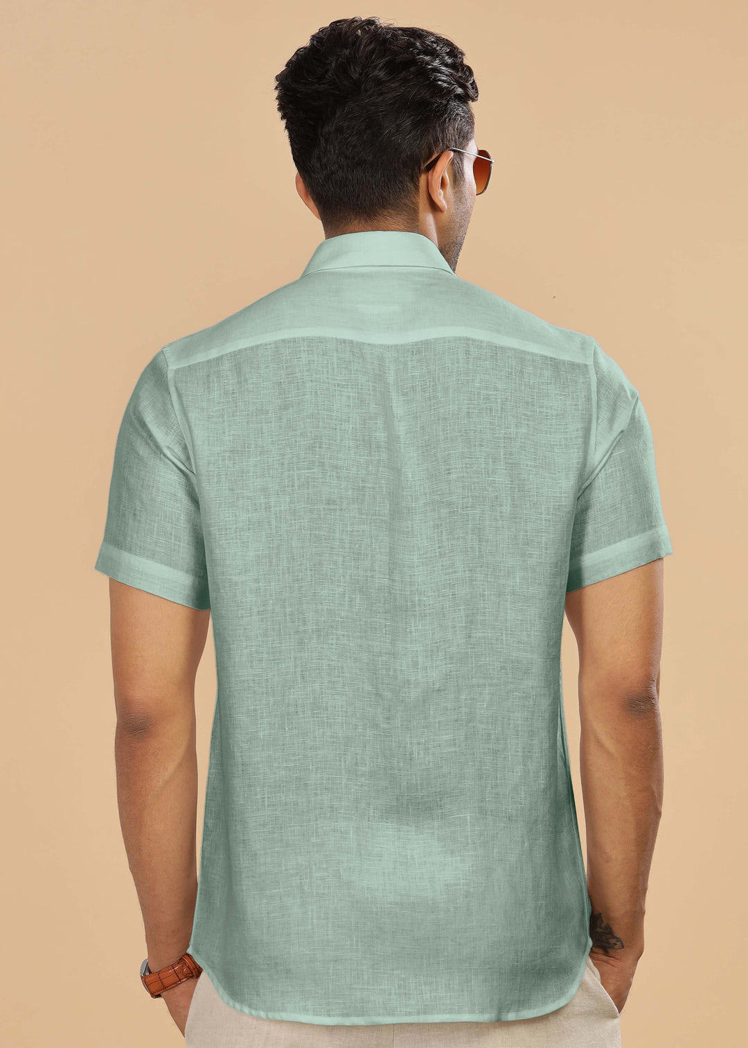 Ted 100% Pure Linen Half Sleeve Shirt in Spring Green with Point Collar crafted in 60 LEA