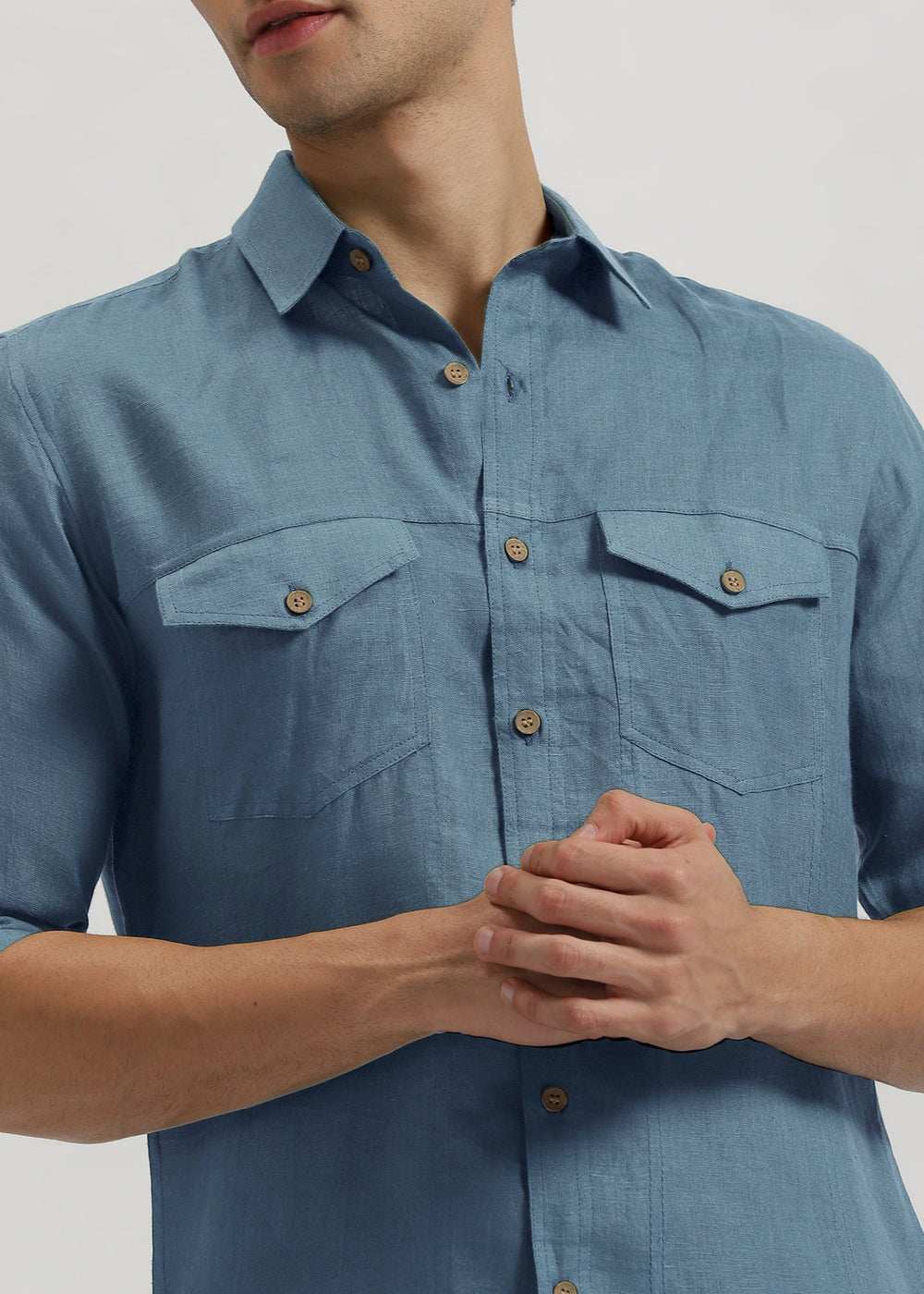Thomas - Pure Linen Double Pocket Full Sleeve Shirt - Blue Grey