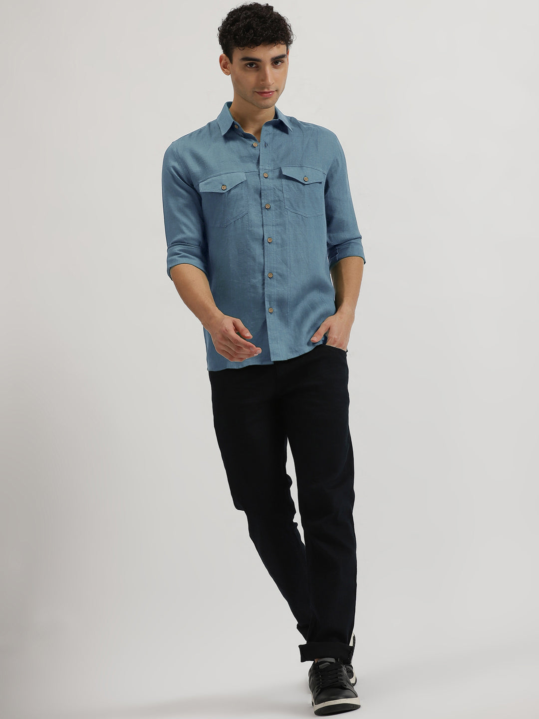 Thomas - Pure Linen Double Pocket Full Sleeve Shirt - Blue Grey