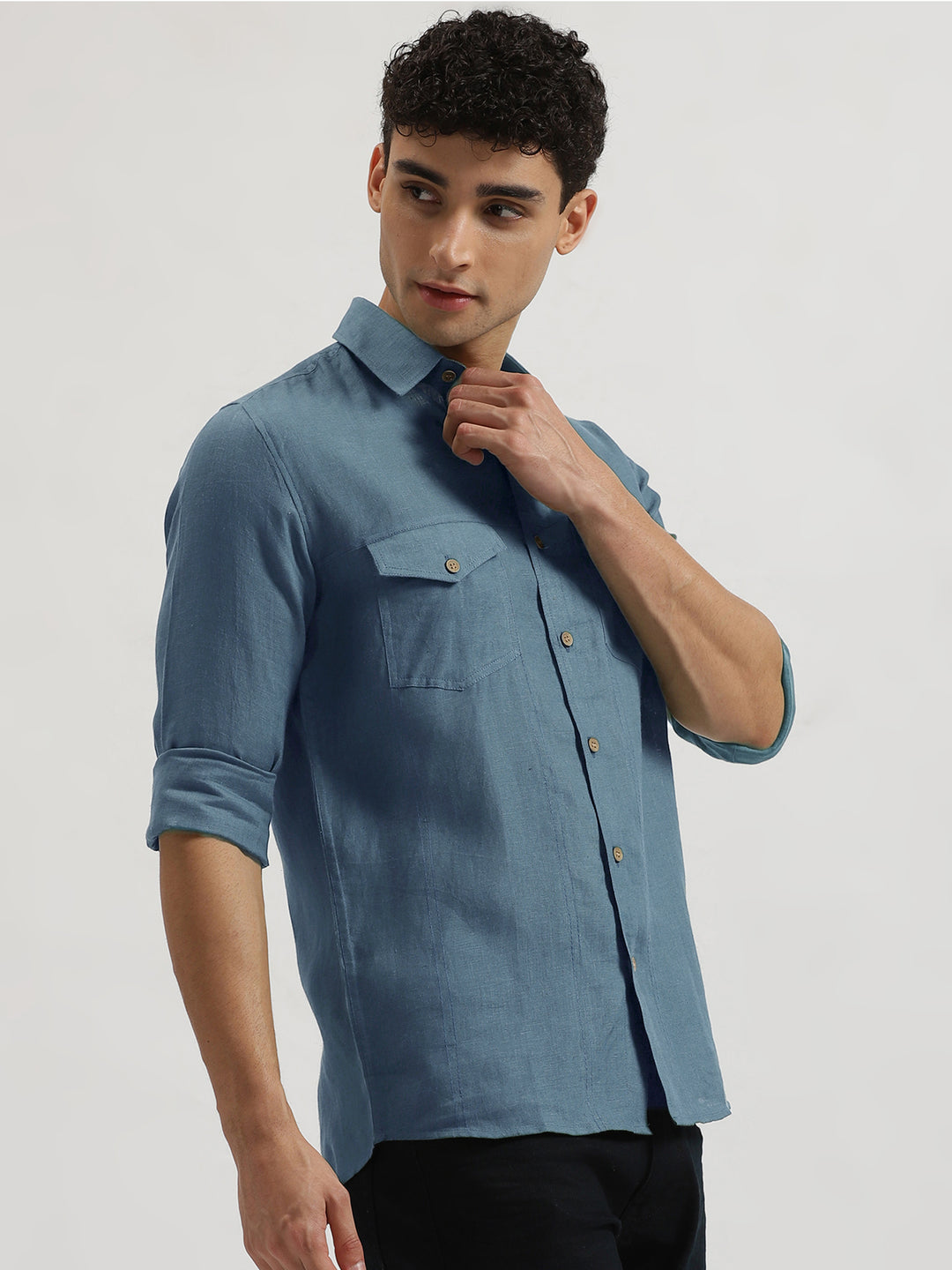 Thomas - Pure Linen Double Pocket Full Sleeve Shirt - Blue Grey