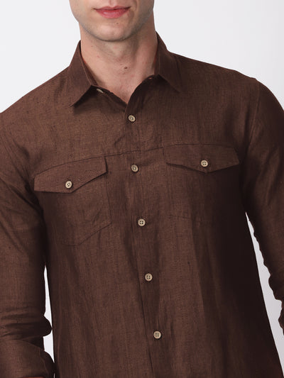 Thomas - Men's Pure Linen Double Pocket Full Sleeve Shirt - Coffee Brown