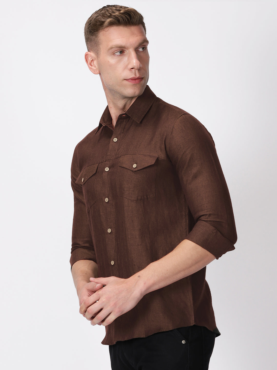 Thomas - Men's Pure Linen Double Pocket Full Sleeve Shirt - Coffee Brown