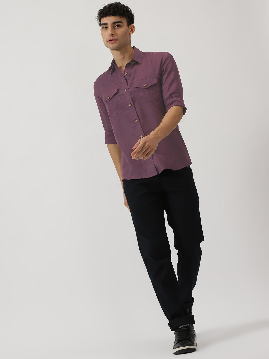 Thomas - Men's Pure Linen Double Pocket Full Sleeve Shirt - Berry Purple
