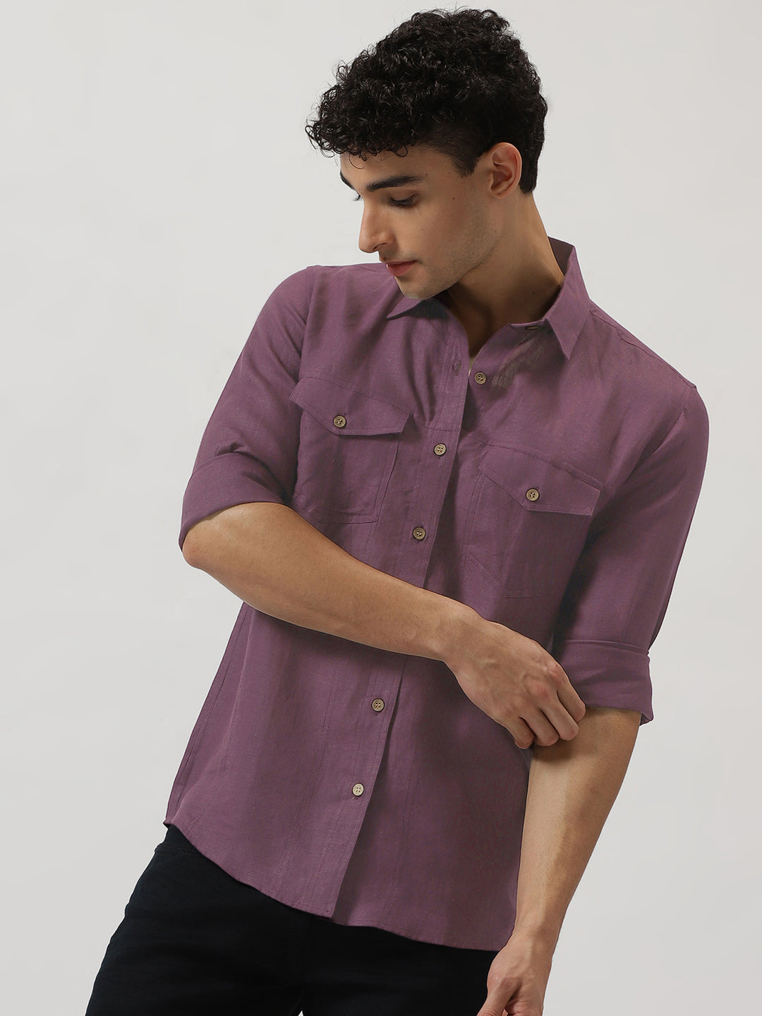 Thomas - Men's Pure Linen Double Pocket Full Sleeve Shirt - Berry Purple
