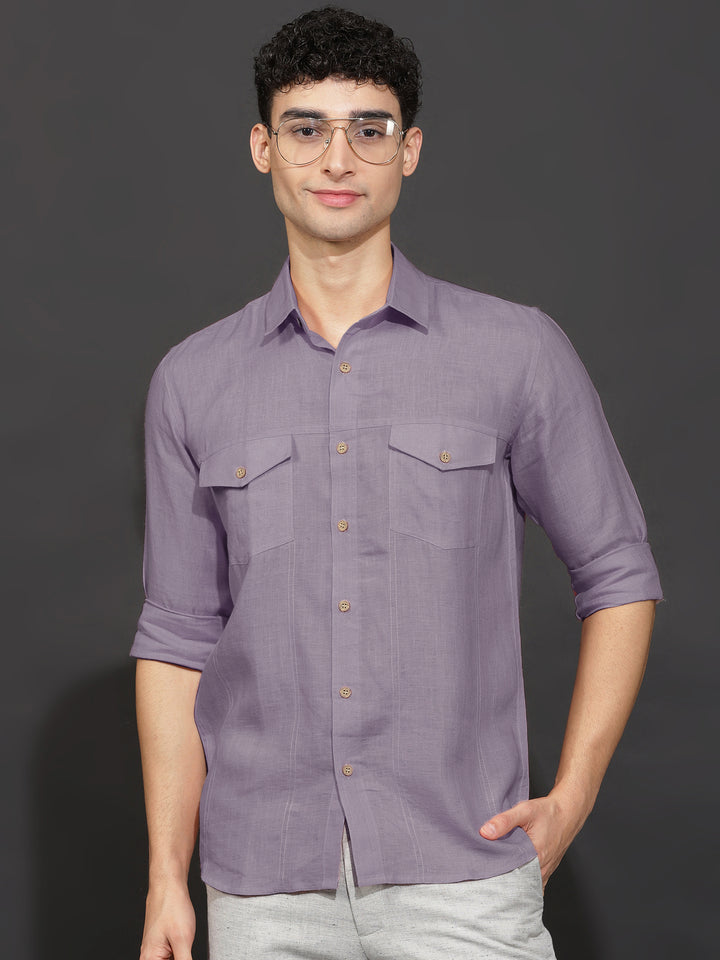 Thomas - Men's Pure Linen Double Pocket Full Sleeve Shirt - Misty Lilac