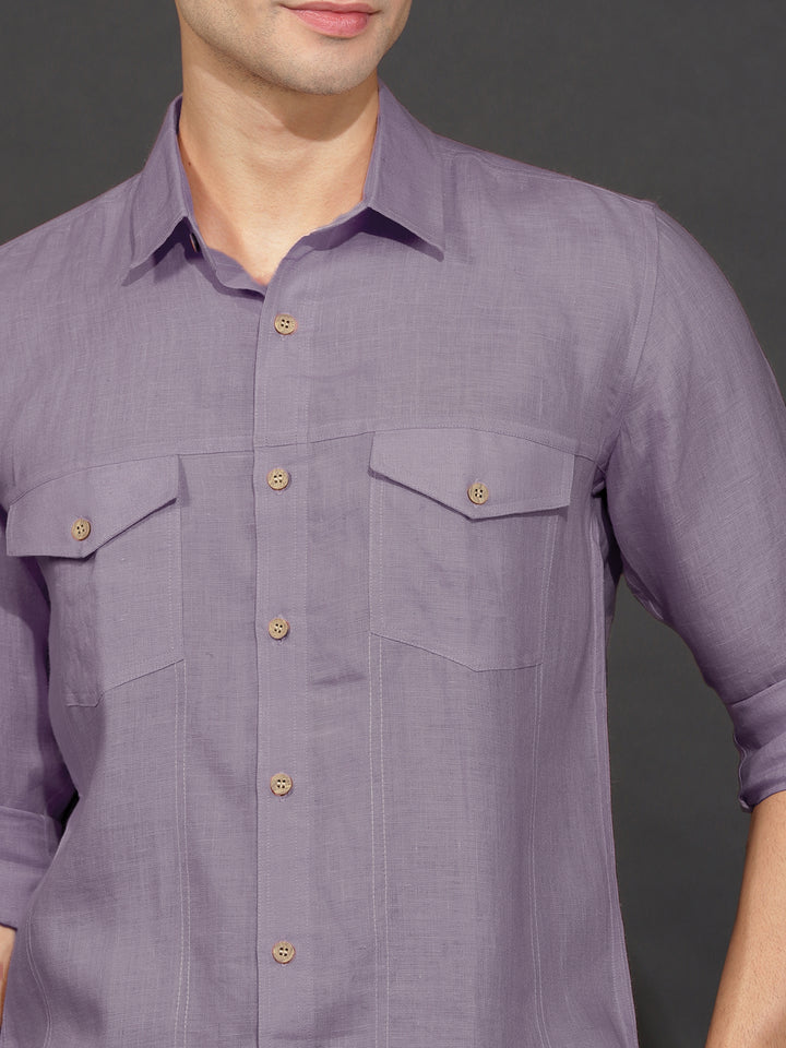 Thomas - Men's Pure Linen Double Pocket Full Sleeve Shirt - Misty Lilac