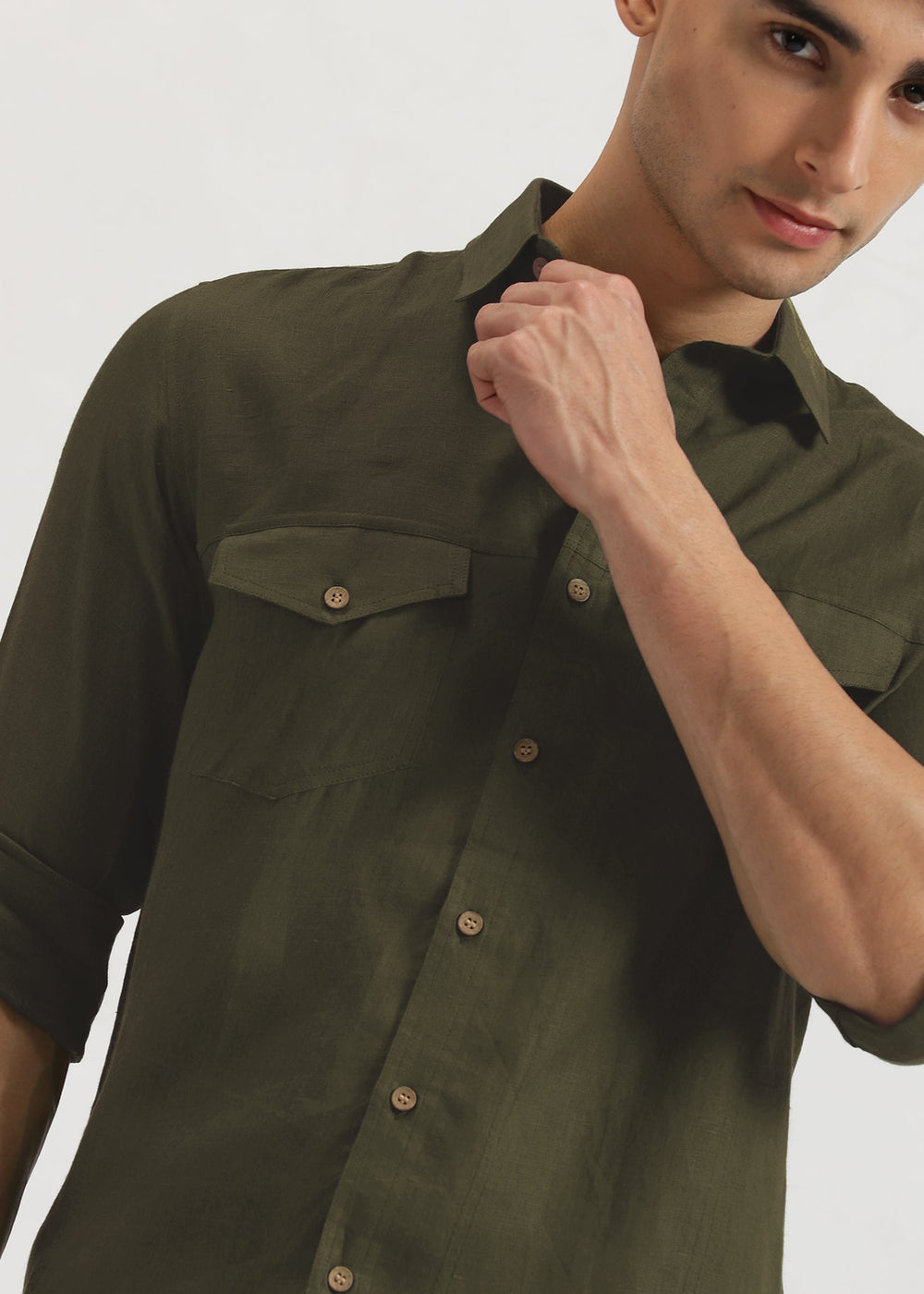 Thomas - Pure Linen Double Pocket Full Sleeve Shirt - Moss Green