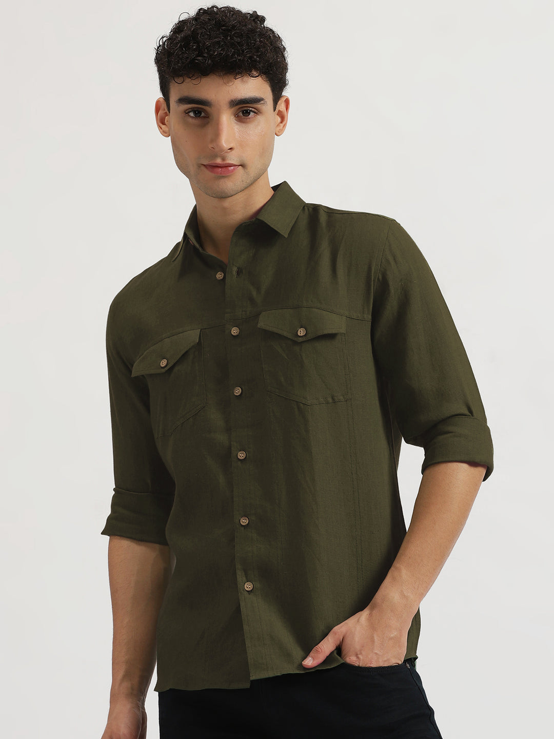 Thomas - Pure Linen Double Pocket Full Sleeve Shirt - Moss Green