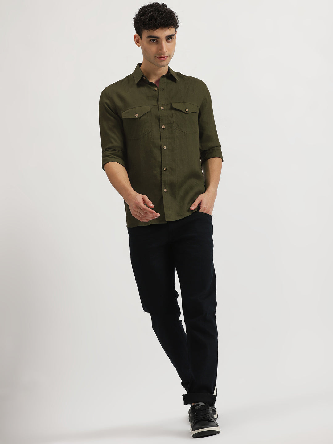 Thomas - Pure Linen Double Pocket Full Sleeve Shirt - Moss Green