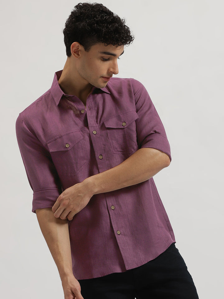 Thomas - Pure Linen Double Pocket Full Sleeve Shirt - Twilight Purple