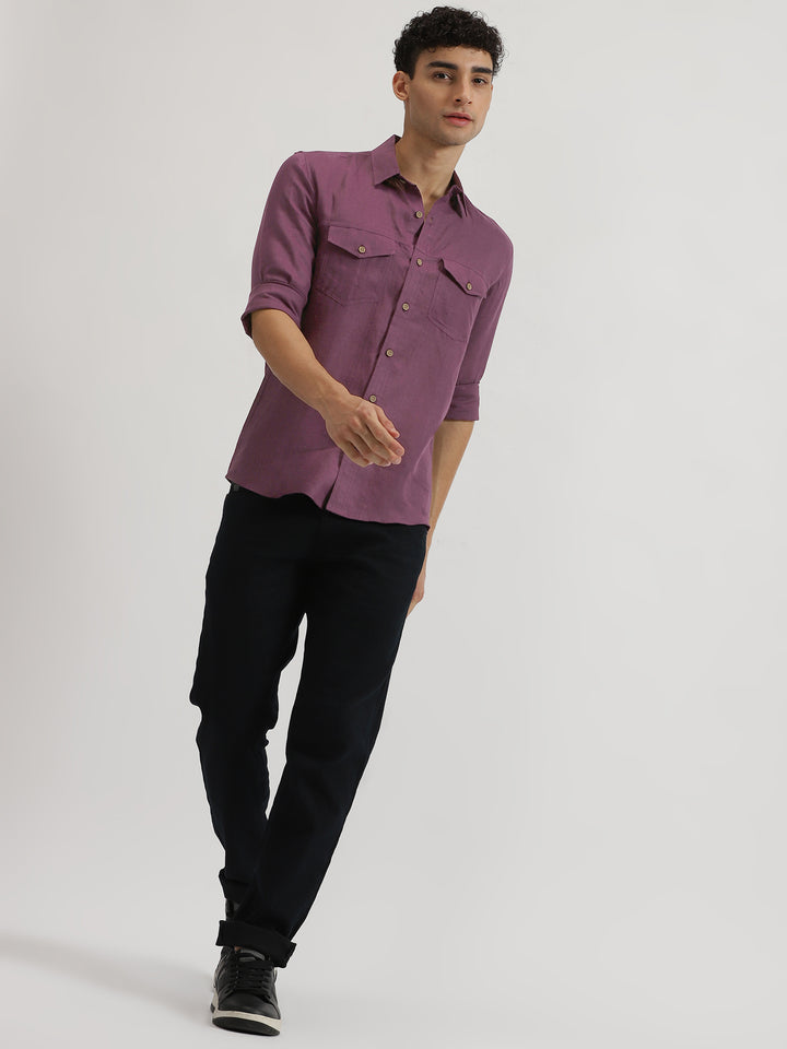 Thomas - Pure Linen Double Pocket Full Sleeve Shirt - Twilight Purple