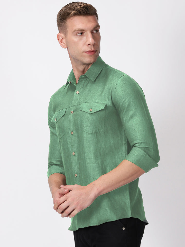 Thomas - Pure Linen Double Pocket Full Sleeve Shirt - Smoke Green