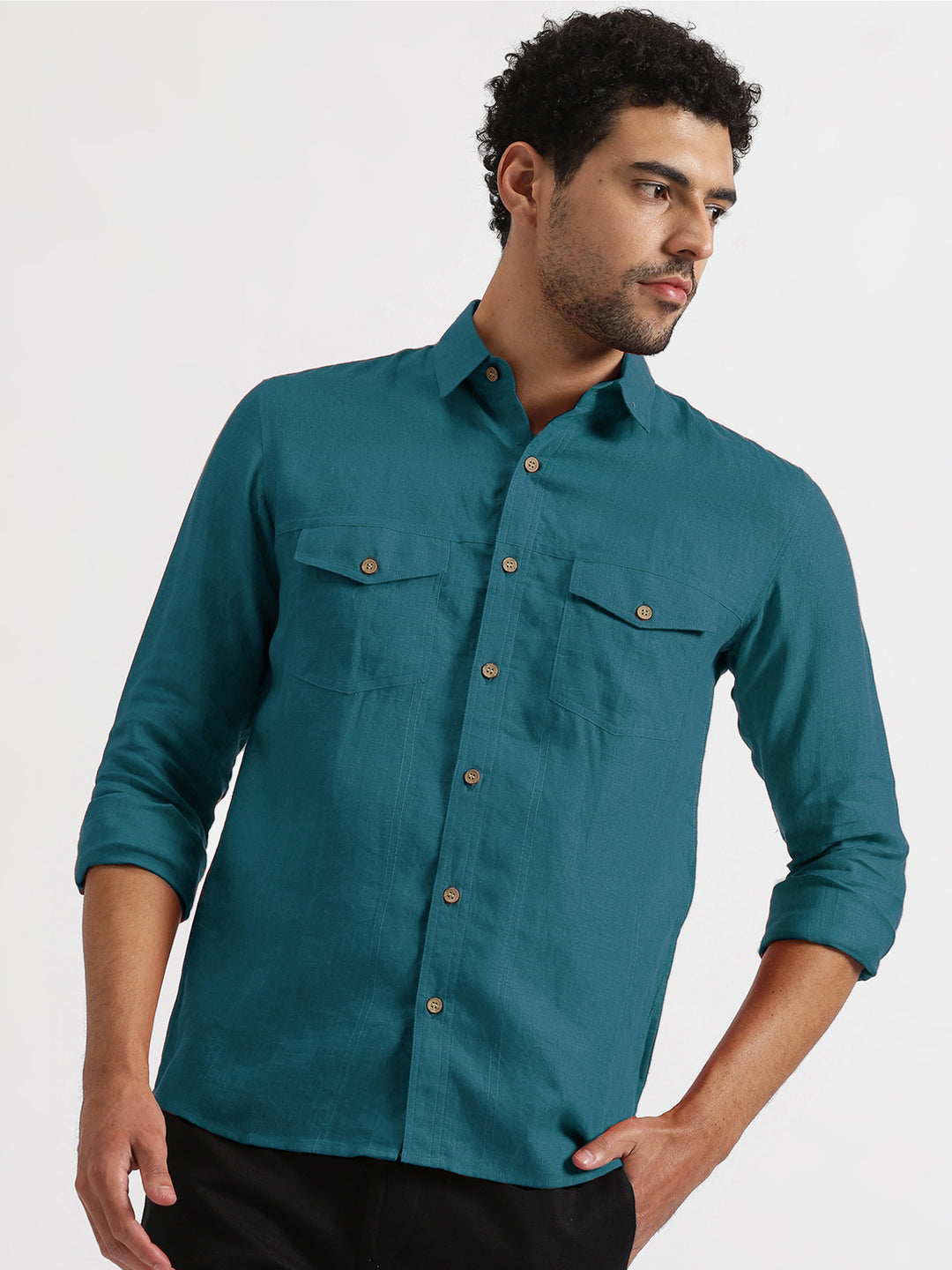 Thomas - Pure Linen Double Pocket Full Sleeve Shirt - Peacock Blue