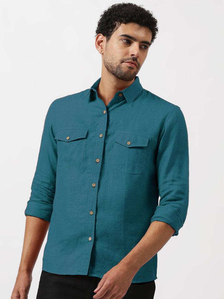 Thomas - Pure Linen Double Pocket Full Sleeve Shirt - Peacock Blue