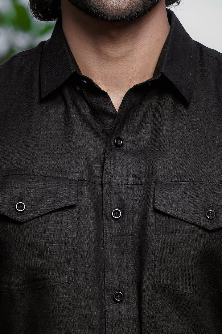 Thomas - Pure Linen Double Pocket Short Sleeve Shirt - Black