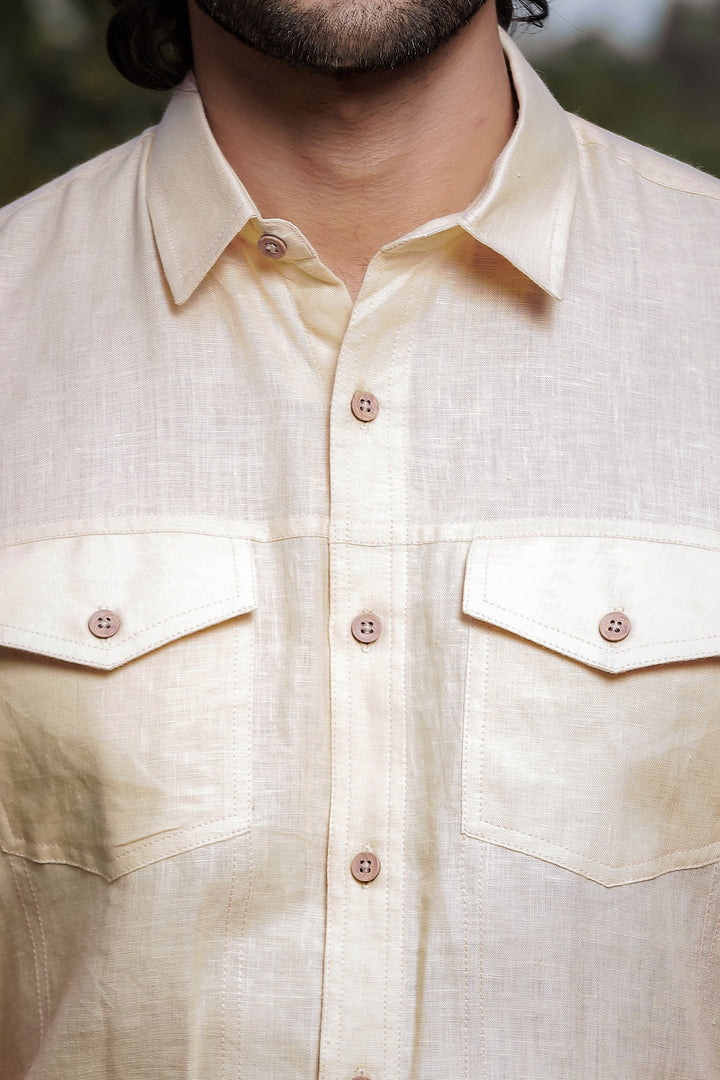 Thomas - Pure Linen Double Pocket Short Sleeve Shirt - Light Tea Yellow