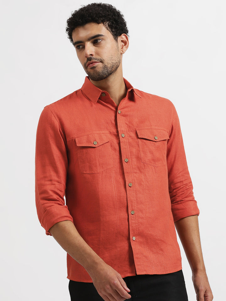 Thomas - Men's Pure Linen Double Pocket Full Sleeve Shirt - Saffron Red