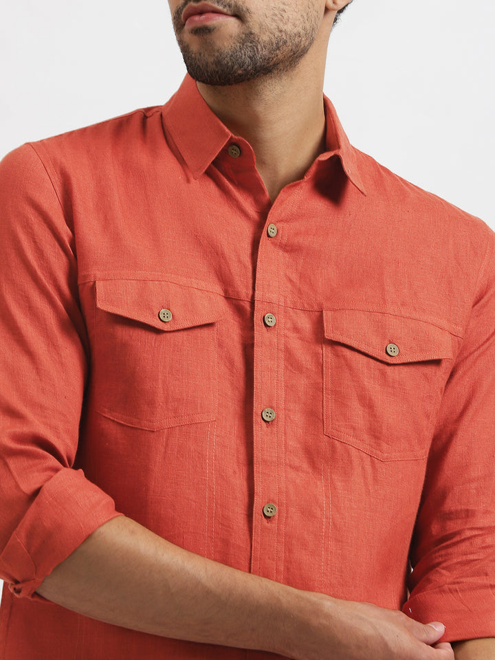 Sunset Spice Look | Thomas Double Pocket Saffron Red Shirt & Pure Black Trousers